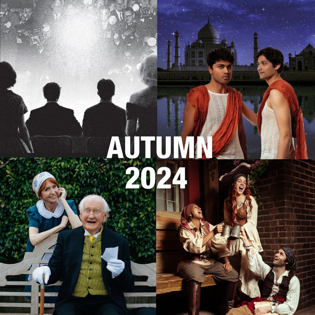 The image is divided into four sections, each displaying a different image with the words "Autumn 2024" written in white letters across the middle. Top Left: The shadows of two men and two women are seen from behind. In front of them, is a black and white crowd of reporters and a sea of flashing cameras. Top Right: Two men stand in front of the Taj Mahal under a starry night sky. Both wear white tunics with orange shawls over their shoulders. One man faces the camera while the other faces him and rests his hand on his shoulder. Bottom Left: A man sits on a bench in front of green hedges holding a cane in one hand and a letter in his other hand. He wears a suit with a yellow striped vest. A woman in a blue maid's uniform leans on the back of the bench, resting her head in her hand. Bottom Right: Three people dressed in pirate attire hold metal pints as they cheers each other. One sits on a bench, one sits on the ground below the bench and one stands with one leg resting on the bench. Behind them is a brick wall with pink flowers on it. One pirate holds a treasure map in his left hand.