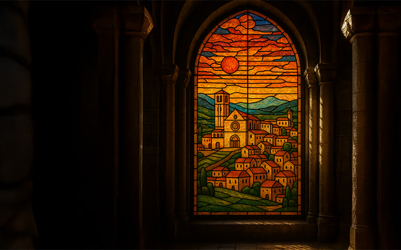 An image of a stained glass window depicting a small town with a church in the foreground and hills, clouds, and the sun in the background.