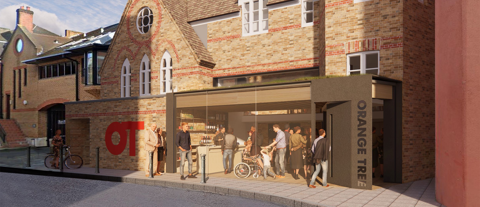 The rendering of the renovation plan for the front of the theatre. on the right side, there is a glass expansion to the lobby. Through the glass a bar is visible on the left side, and there are many people rendered within the lobby enjoying themselves.