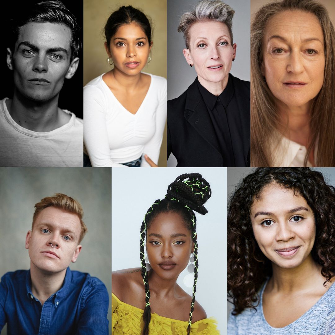 There is a collection of headshots of 7 actors. Top from left to right is an actor with short hair and white T-shirt, an actor with black hair and a white long sleeve shirt, an actor with grey short hair and a black shirt, an actor with long brown hair and a white shirt. Bottom from left to right is an actor with short strawberry blonde hair and a denim shirt, an actor with long black braids and a yellow top, and an actor with medium length brown hair in a blue striped shirt.